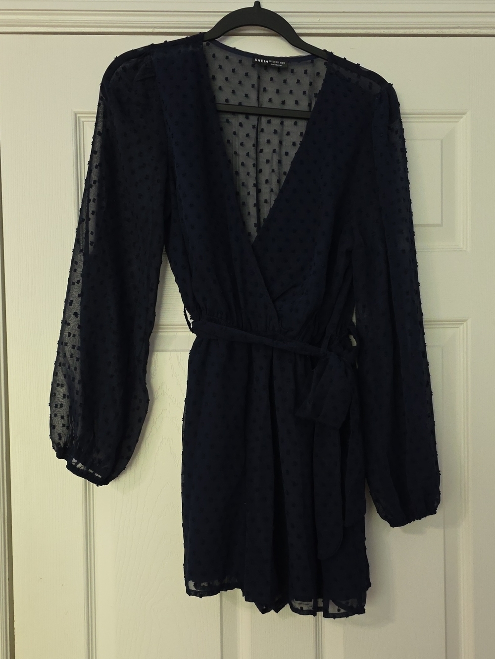 SHEIN Navy Sheer Dotted Wrap Romper